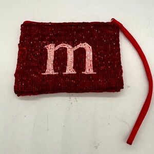 Liz Claiborne Red Beaded M Monogrammed Coin Purse with Strap